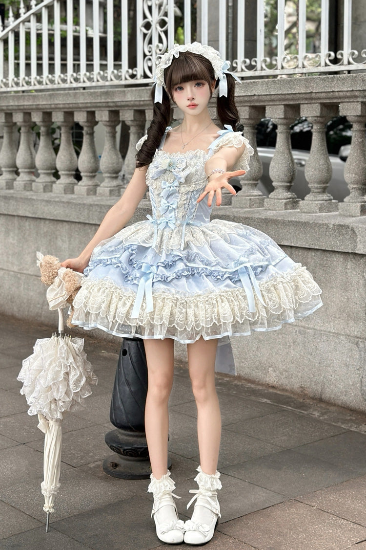 Dreaming Butterfly Blue Multi-Layered Jacquard Ruffle Bowknot Lace Sweet Princess JSK Dress
