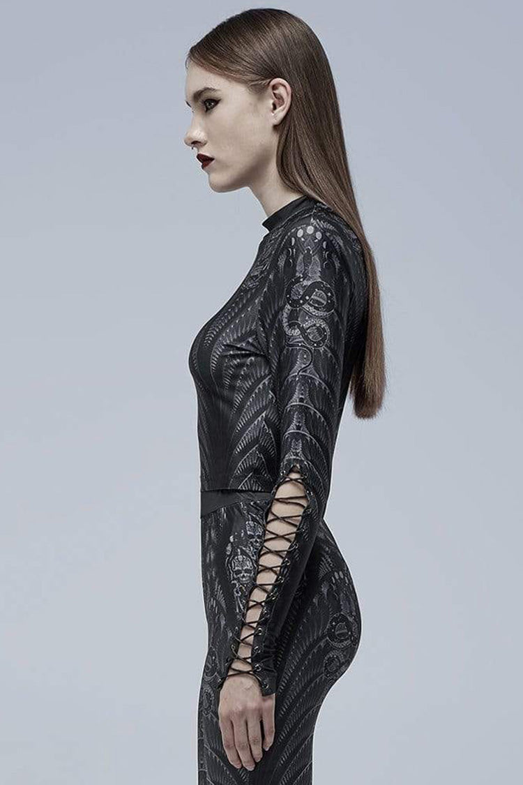 Skeleton Print Cross Tie Rope Mesh Tee - Gothic
