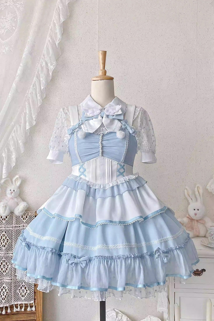 Blue/White Cotton Cloud Lapel Collar Ruffle Ribbon Lace-Up Girly Lolita JSK Dress