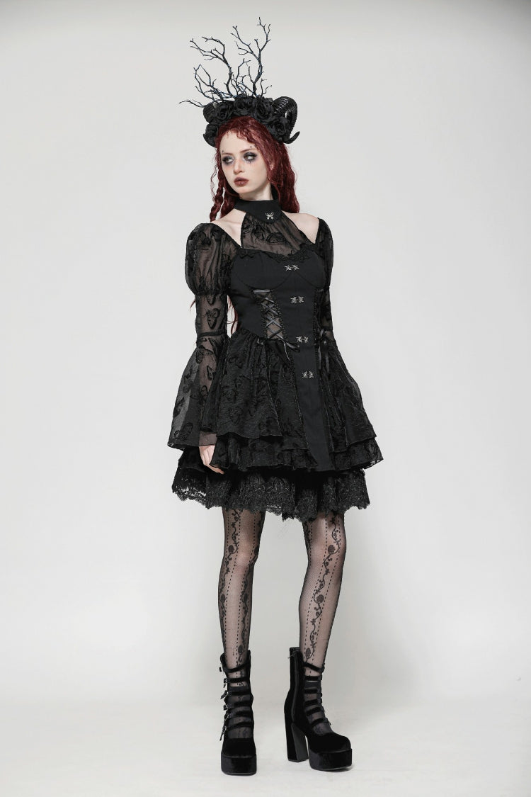 Majestic Black Multi-Layered Lace Trumpet Puff Sleeve Halter Gothic Lolita Graduation Gown