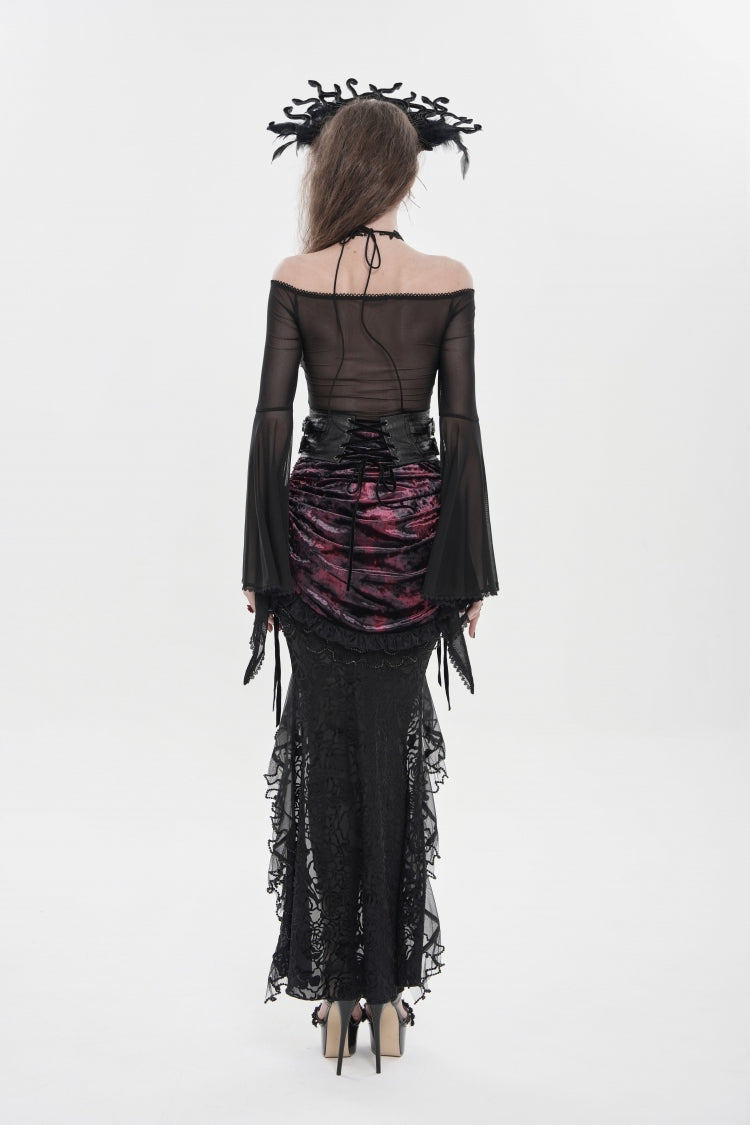 Crimson & Noir Embroidered Rose Lace-Up Asymmetric Hem Gothic Skirt