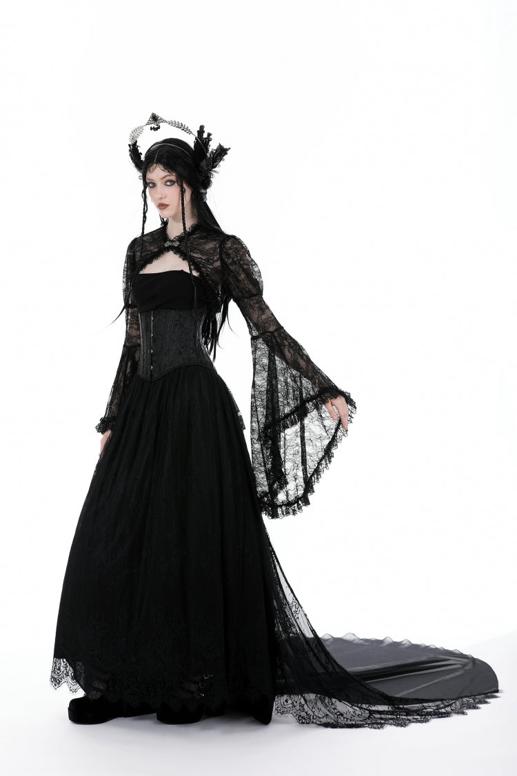 Jet-Black Gothic Cape with Flared Sleeves and Ruffled Lace