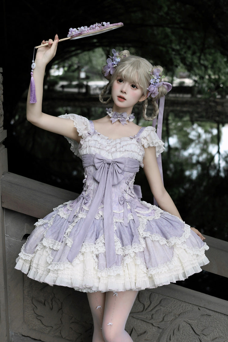Floral Dream Violet Multi-Layered Ruffle Embroidery Lace-Up Ballet Lolita JSK - Floral Dream