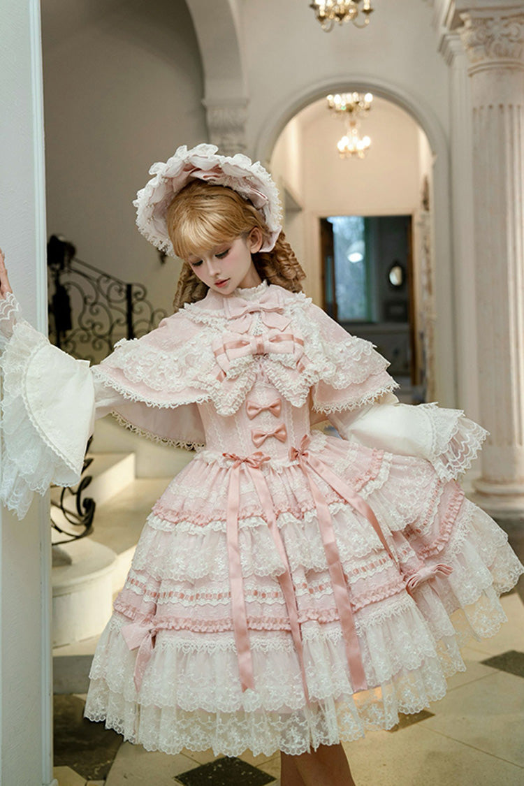 Pink Sleeveless Ruffled Bow Lace Sweet Lolita JSK - Reinas