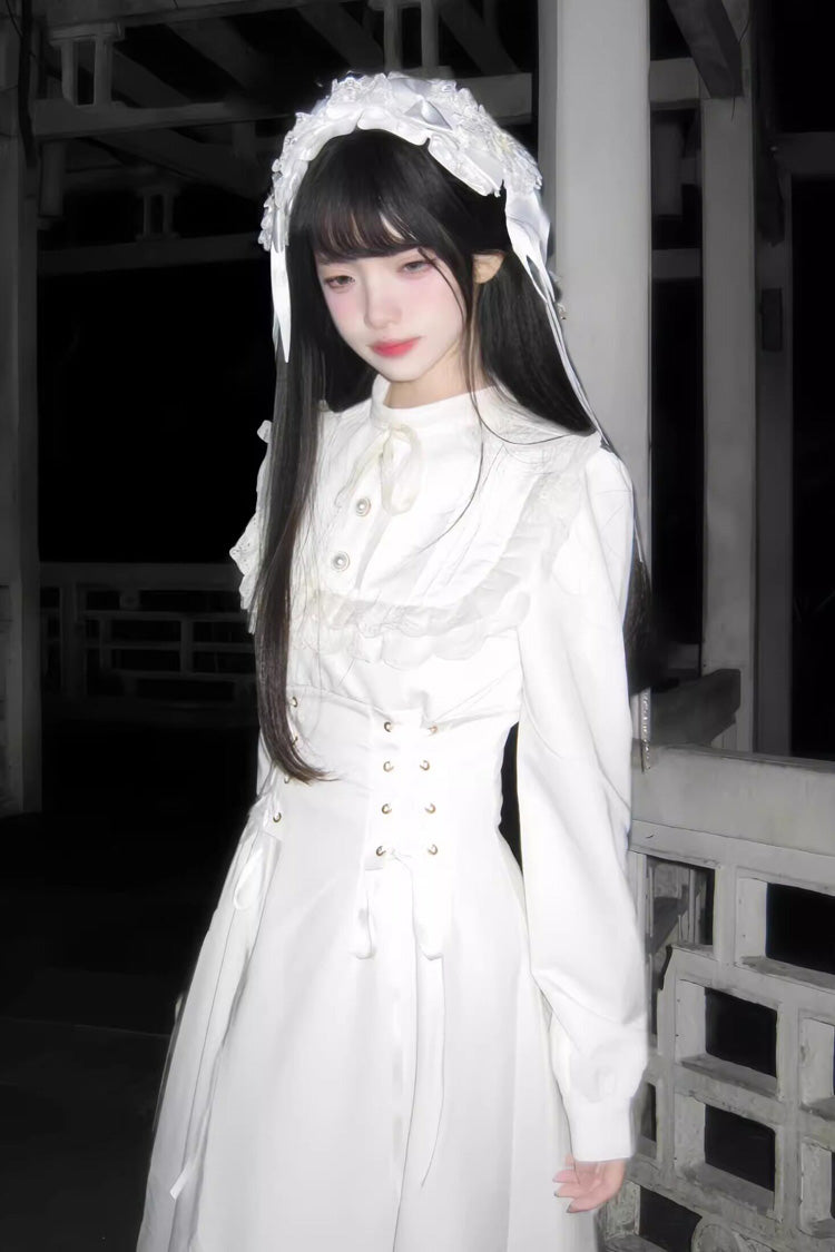 Gothic Apricot Stand Collar Long Sleeve Ruffled Lace-Up Midi Lolita Dress