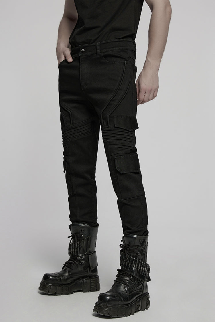 Men's Punk Denim Trousers with Multiple Pockets, Black