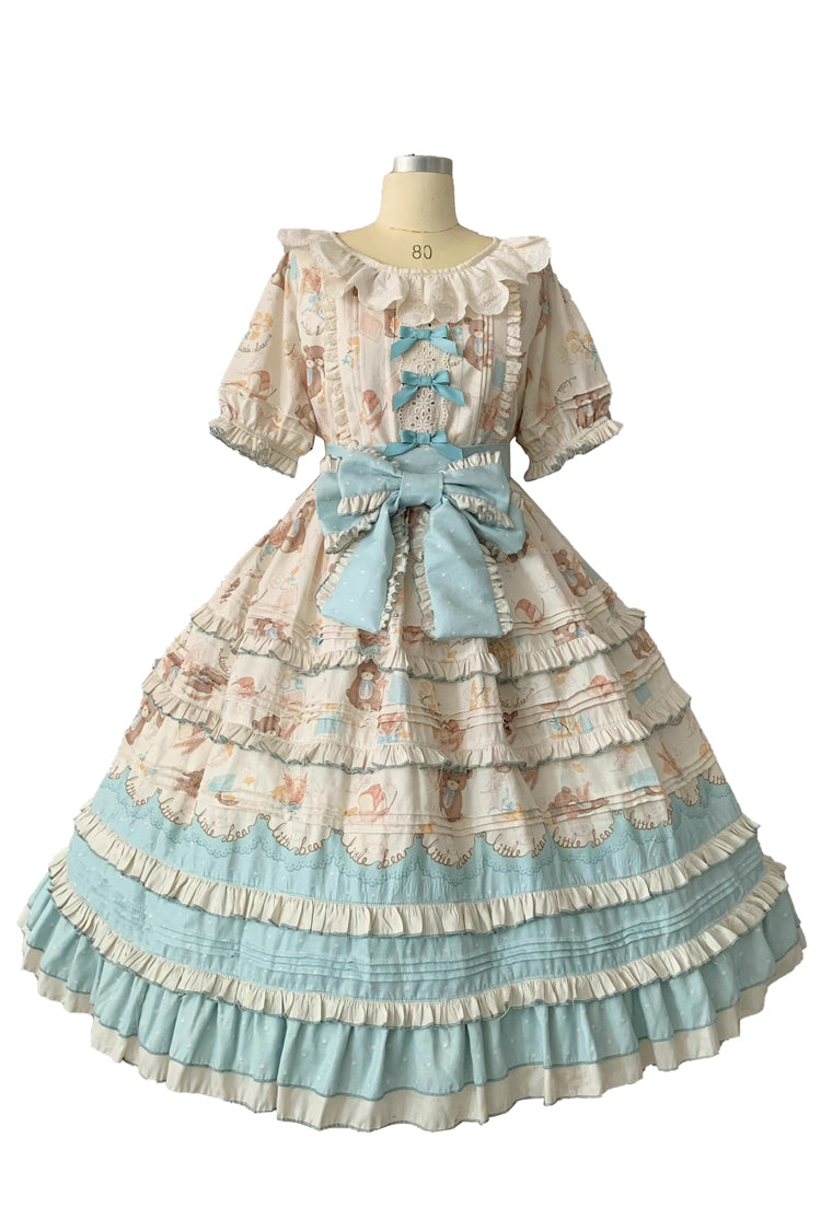 Harvest Bear Print Multi-Layered Ruffle Bowknot Sweet Plus Size Blue Apricot Dress - Harvest Bear
