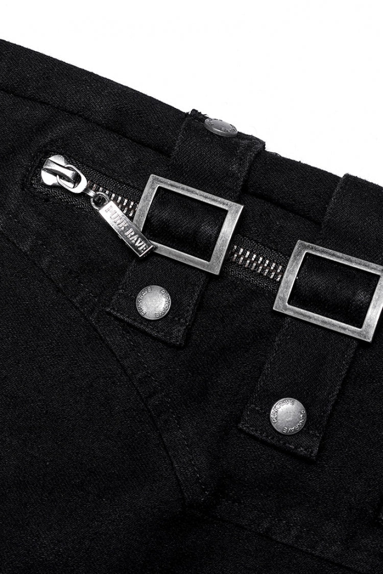 Women's Punk Buckle Jeans, Black with Pocket Detail