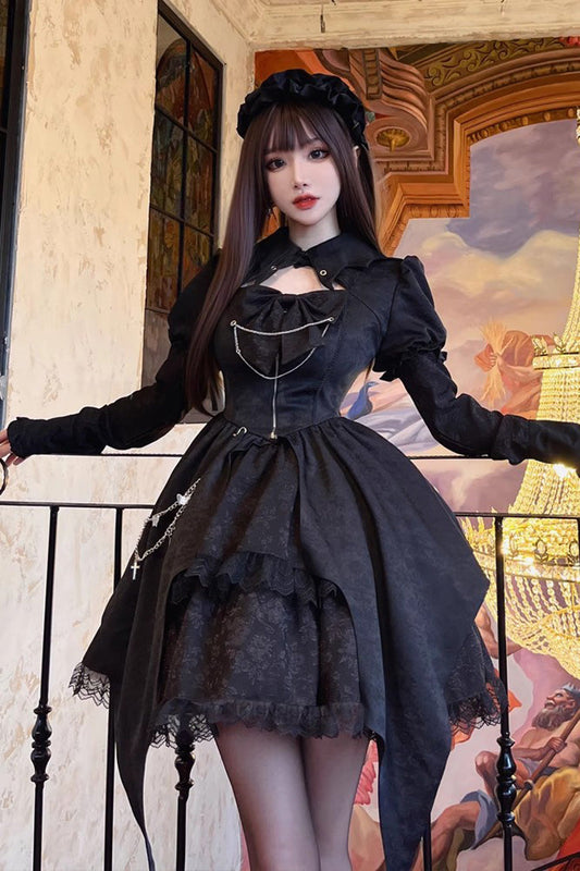 Gothic Princess Lolita Cardigan Dress with Ruffles & High Waist, Long Sleeves
