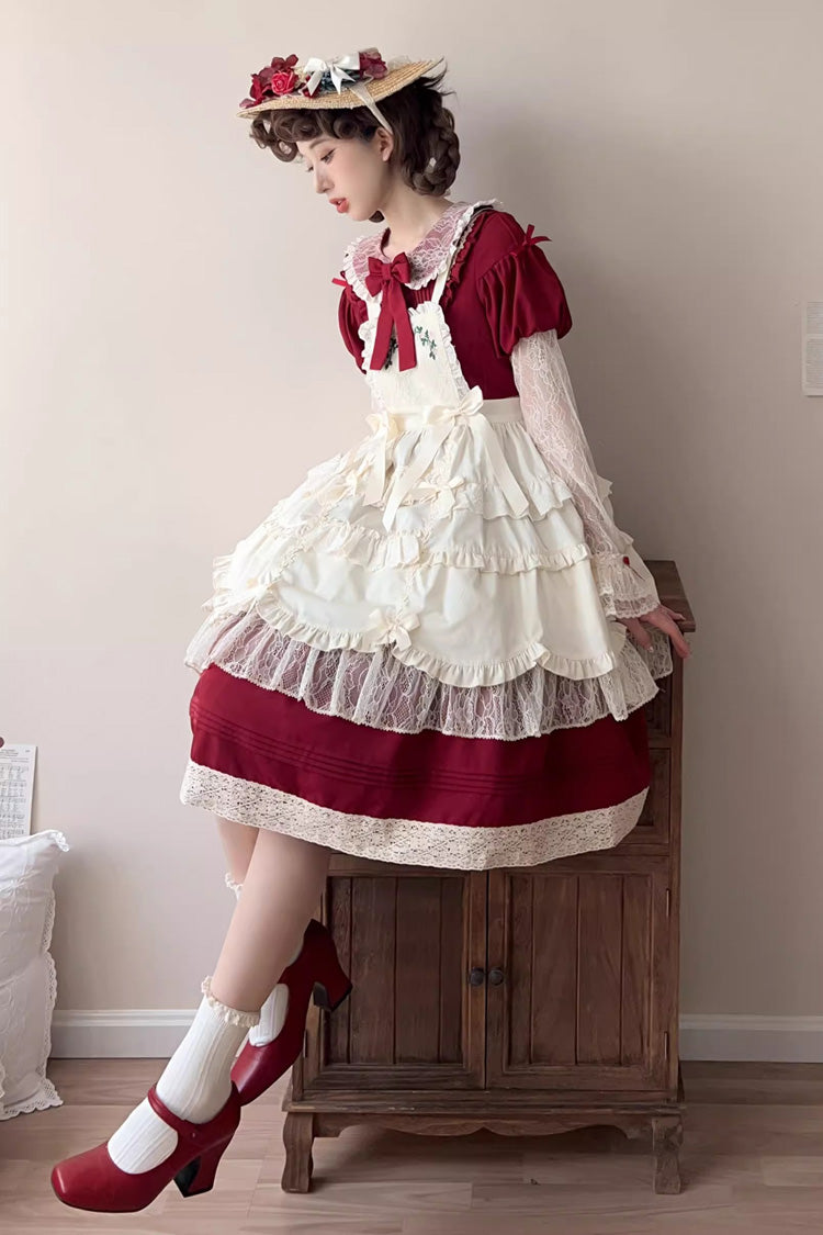 Lapel Collar Long Sleeve Embroidery Bow Lace Sweet Lolita Dress - Red