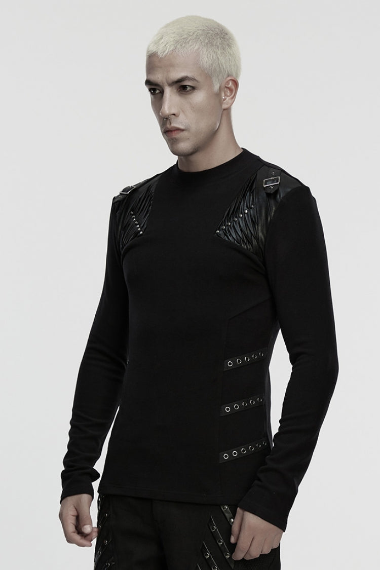 Shadow Crewneck Long-Sleeve Buckled Strappy Pleated Eyelet Punk Top for Men