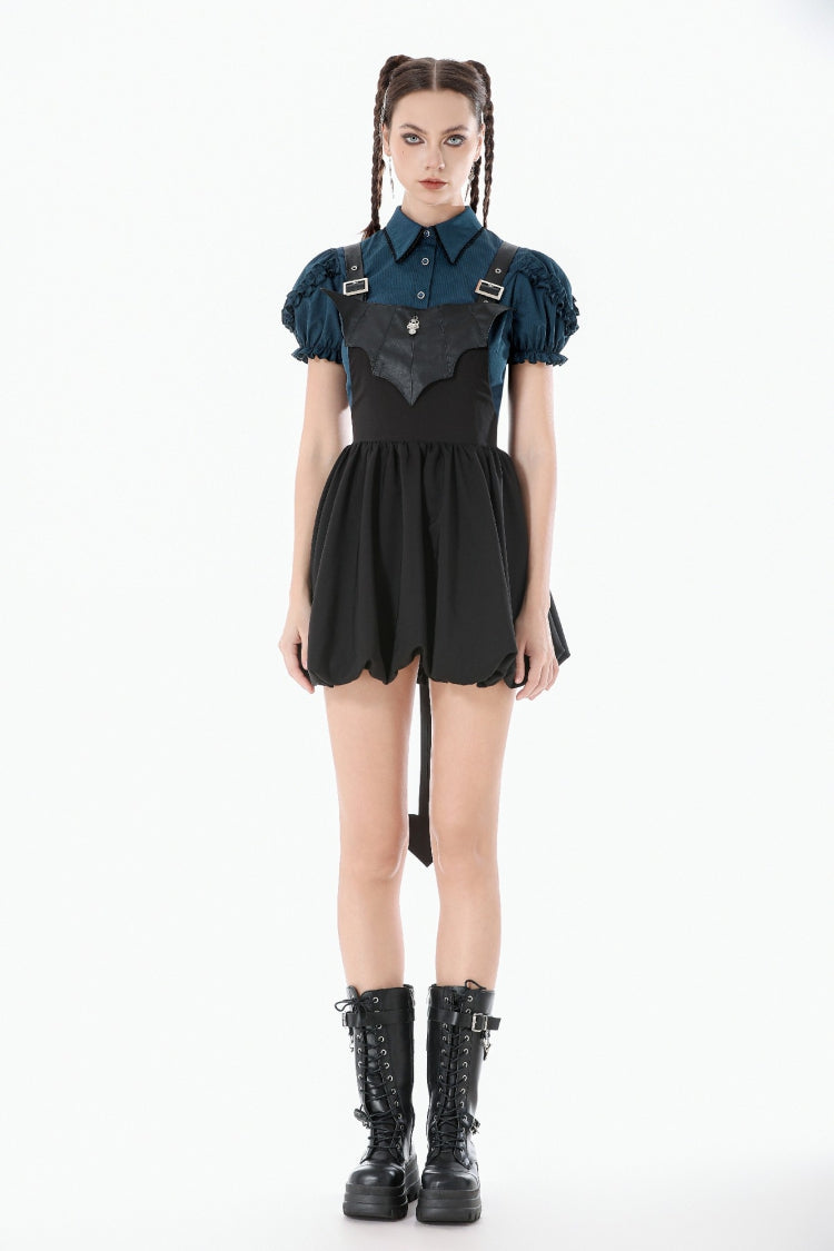 Bat Wing Buckled Gothic Suspender Dress Graduation Dress with Tail
