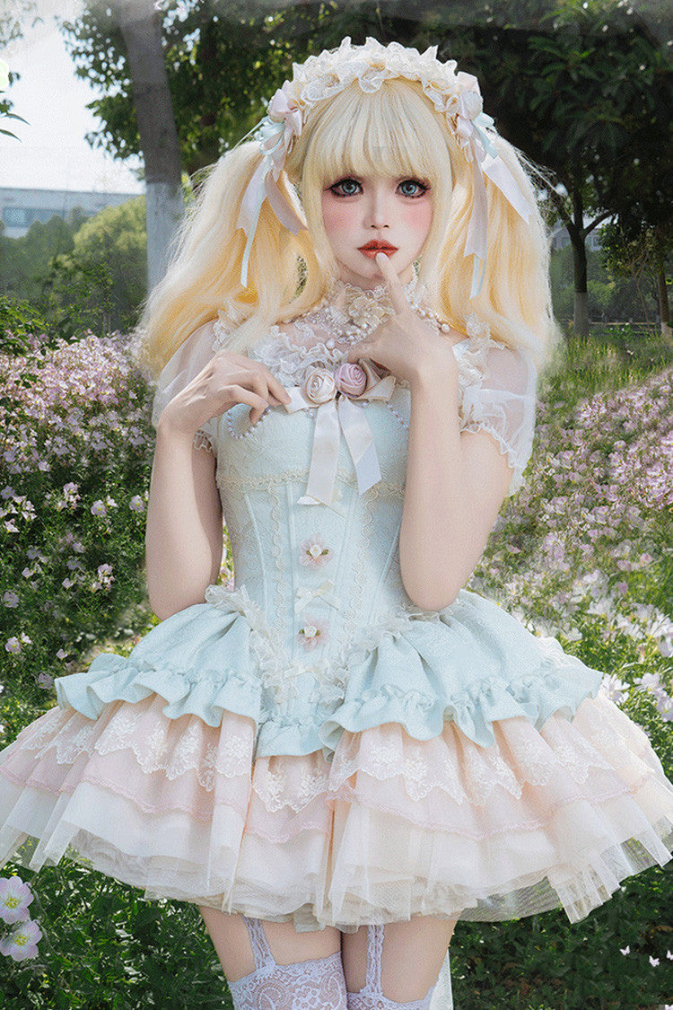 Sleeveless Multi-Layered Ruffle Bow Lace Lace-Up Princess JSK Dress in Green