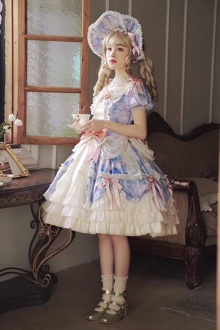 Angel Heart Sky Oil Painting Printed Bow Cardigan Sweet Lolita Dress - Multi-Color