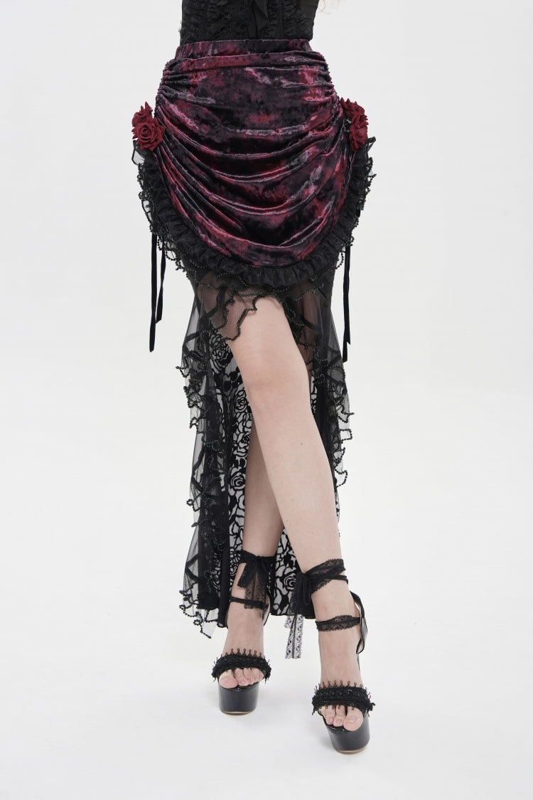 Crimson & Noir Embroidered Rose Lace-Up Asymmetric Hem Gothic Skirt