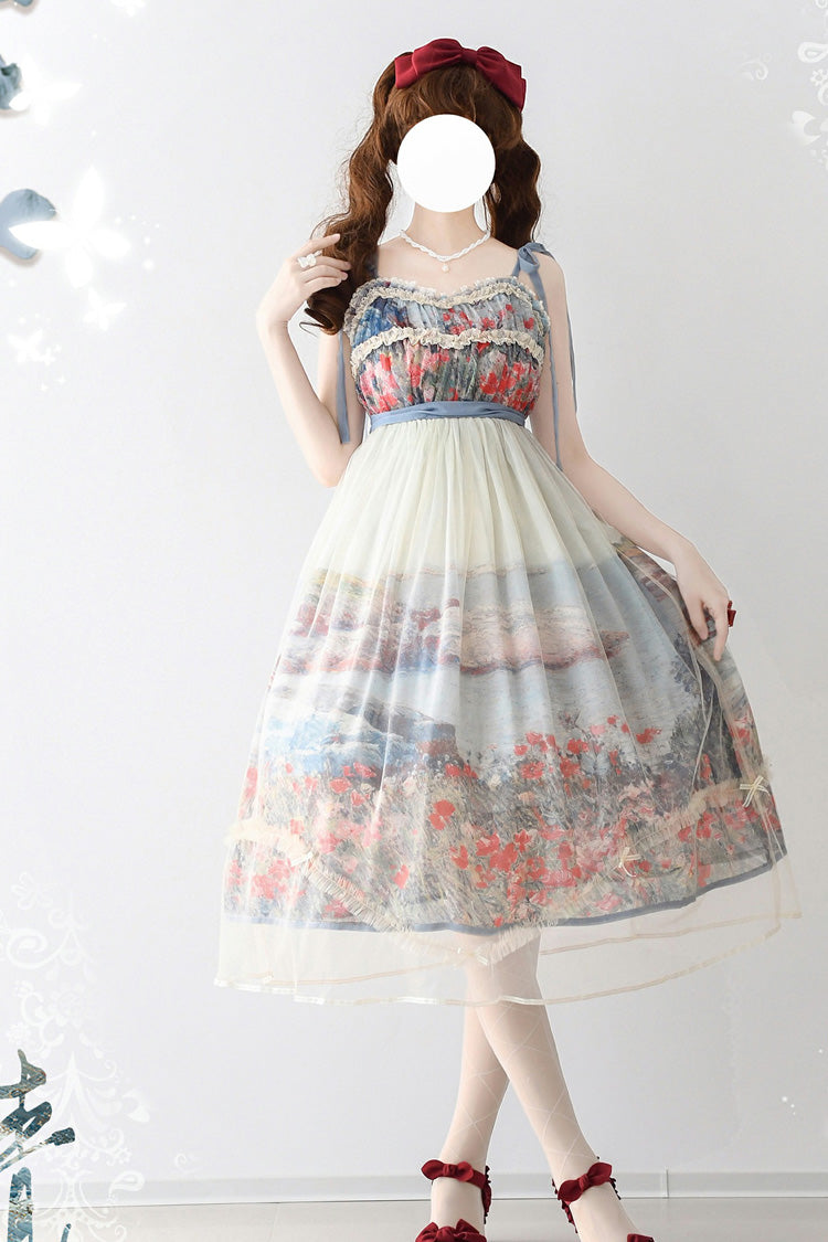 Multi Color Oil Painting Island Garden Sleeveless Ruffle Bow Lace Sweet Jsk Dress