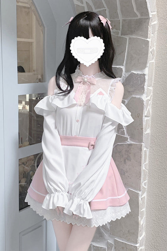 Pale Pink & White Off-Shoulder Long-Sleeve Ruffled Bow Lace Jirai Kei Skirt