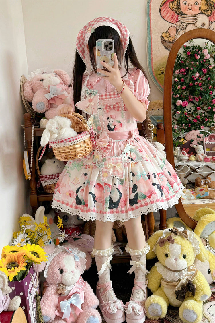 Panda Peach Printed Bow Sweet Lolita Strap Dress