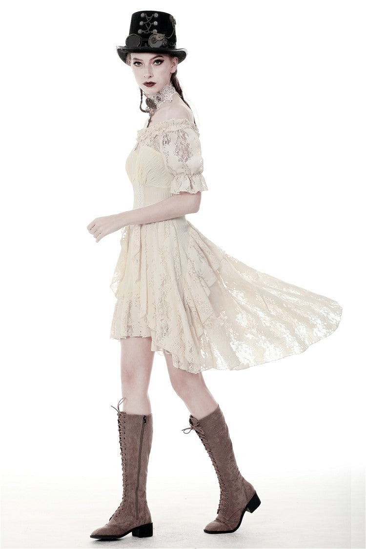 Beige Ruched Off-Shoulder Short Sleeve Steampunk Vintage Gown