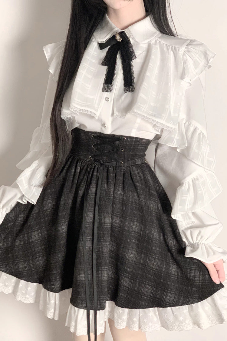 Black/White Long Sleeves Plaid Printed Lace Lace-Up Sweet Jirai Kei Skirt Set