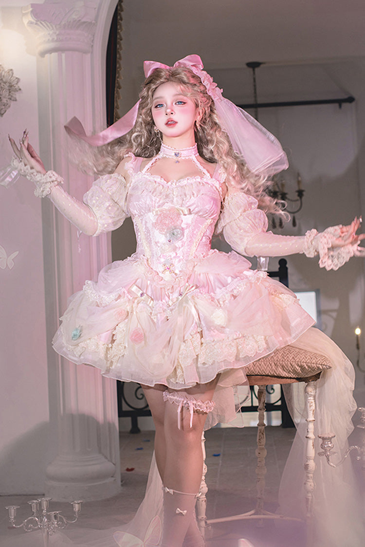 Dream Garden Ruffle Hanayome Embroidery Bow Lace Fishbone Princess Gorgeous JSK Dress in Pink
