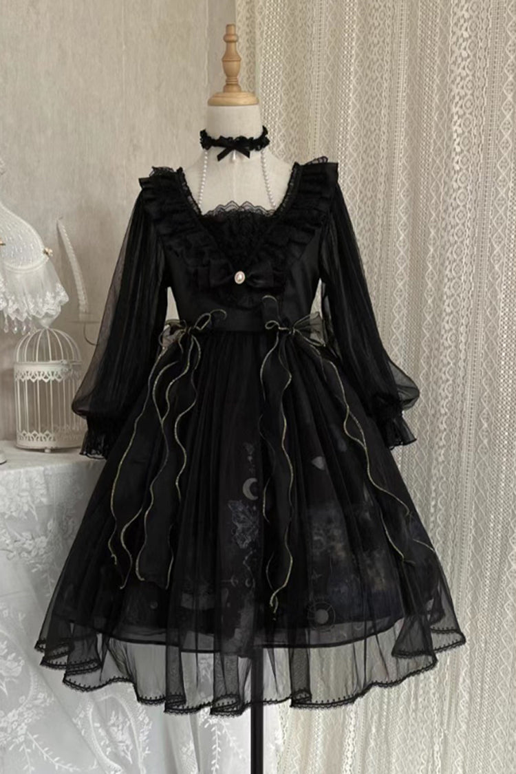 Black Planet Butterfly Printed Gothic Lolita Dress - High-Waisted Ruffled Lace