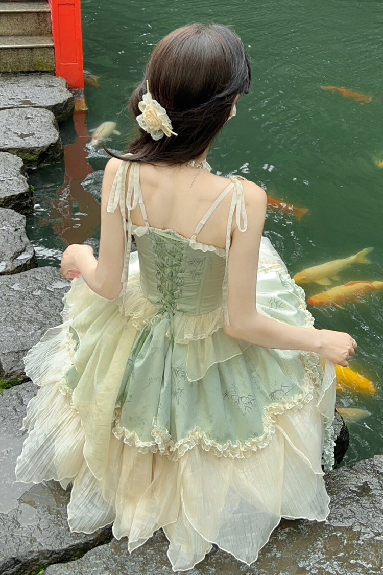 Tea Bamboo Song Green Sleeveless Jacquard Ruffle Bowknot Lace Irregular Sweet Chinese Style Ballet JSK Dress Set