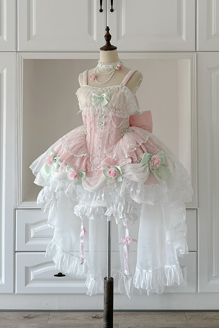 Sleeveless Ruffle Embroidery Bow Lace Pearl Sweet Lolita Jumper Dress - Pink