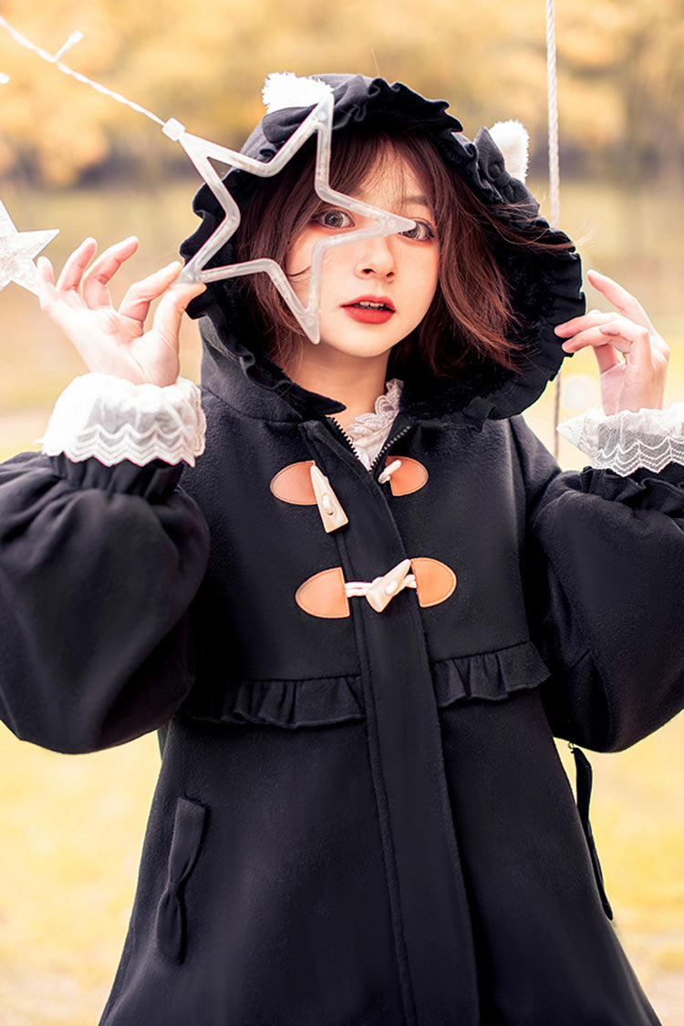 Sweet Lolita Hooded Coat with Cat Tail Bowknot and Ruffles
