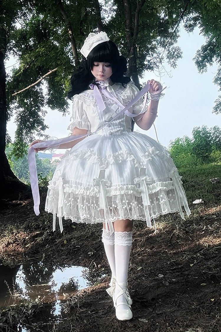 White Short-Sleeved Ruffled Bow Lace Gothic Elegant Lolita Dress