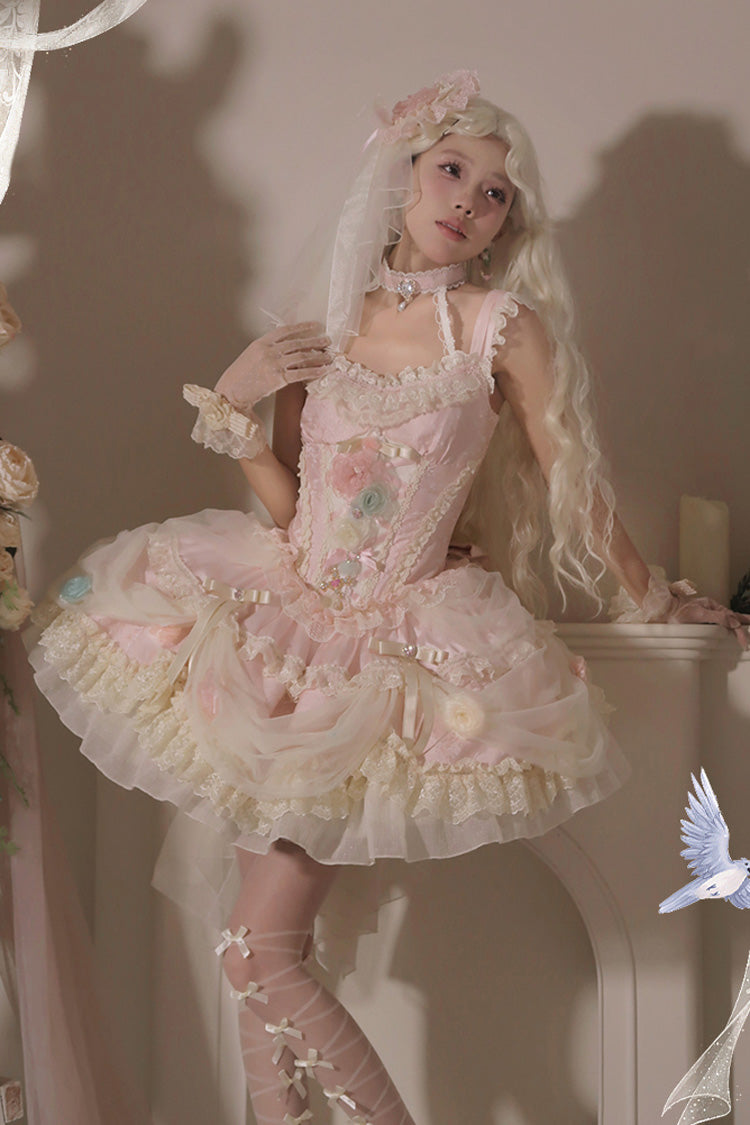 Dream Garden Ruffle Hanayome Embroidery Bow Lace Fishbone Princess Gorgeous JSK Dress in Pink