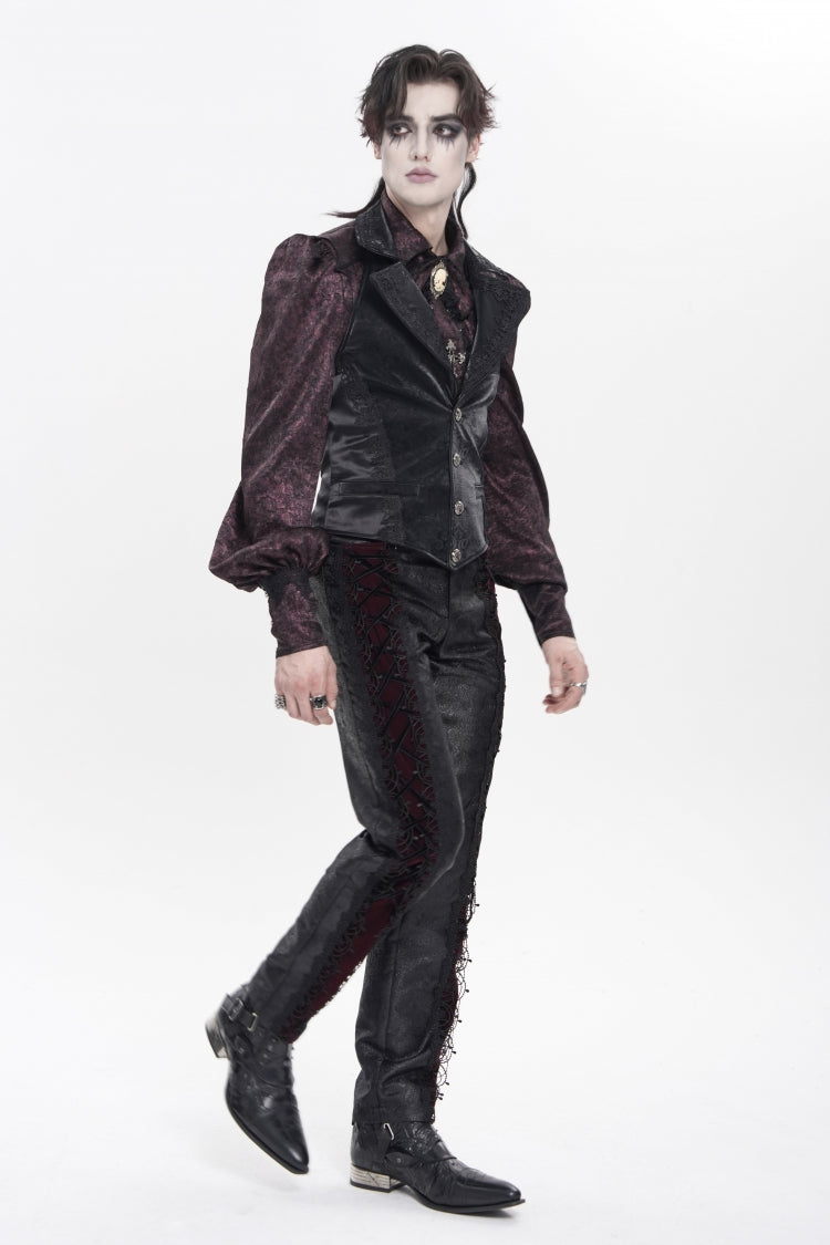 Crimson & Noir Jacquard Lace-Up Slim Velvet Palazzo Trousers for Men