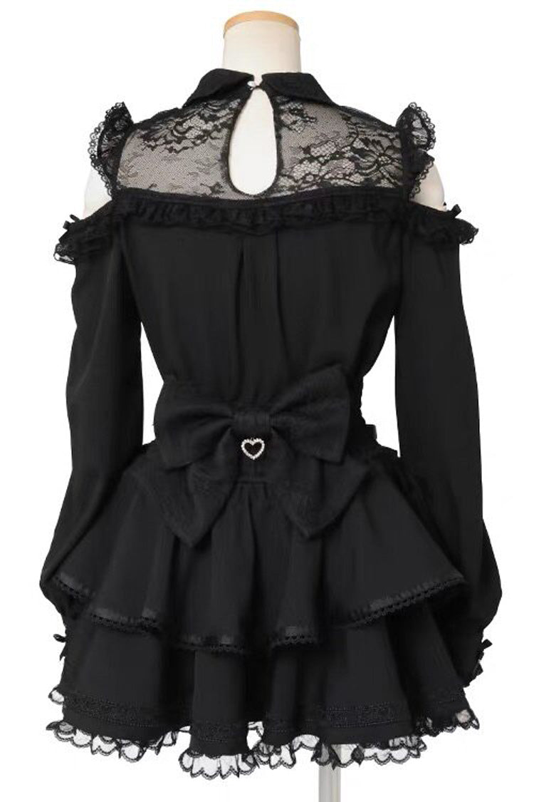 Lapel Off-Shoulder Bow Blouse - Spliced Lace