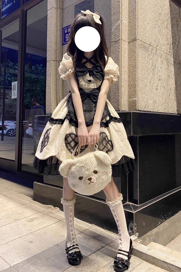 Ivory Puff-Sleeved Bow Trim Sweet Lolita Princess Dress