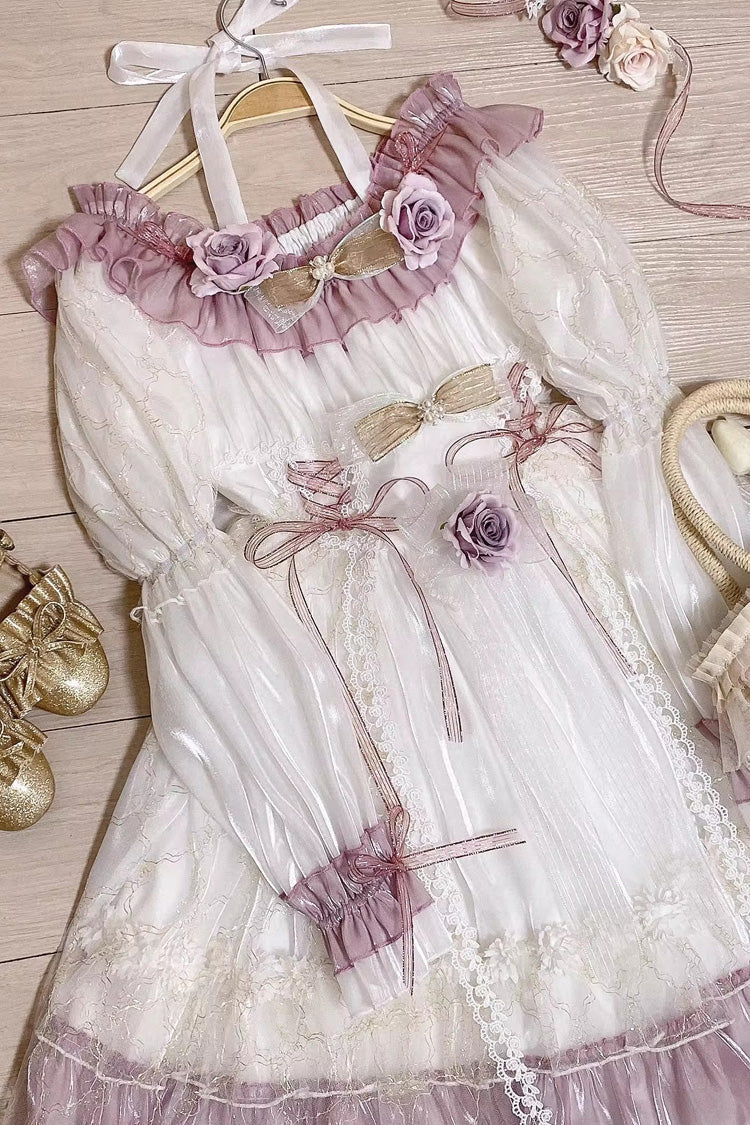 Long Sleeve Multi-Layer Ruffle Bow Lace Lace-Up Sweet Princess Lolita Dress - Purple