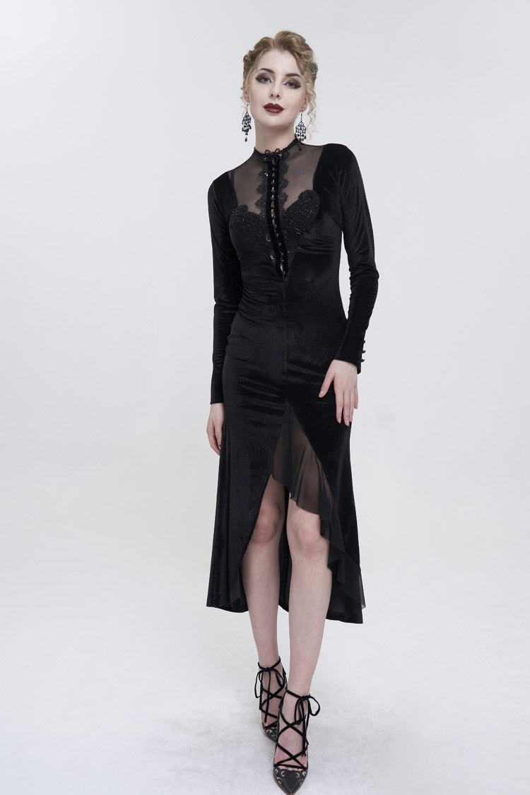 Stand Collar Paisley Lace Mesh Panel Asymmetric Hem Gothic Dress