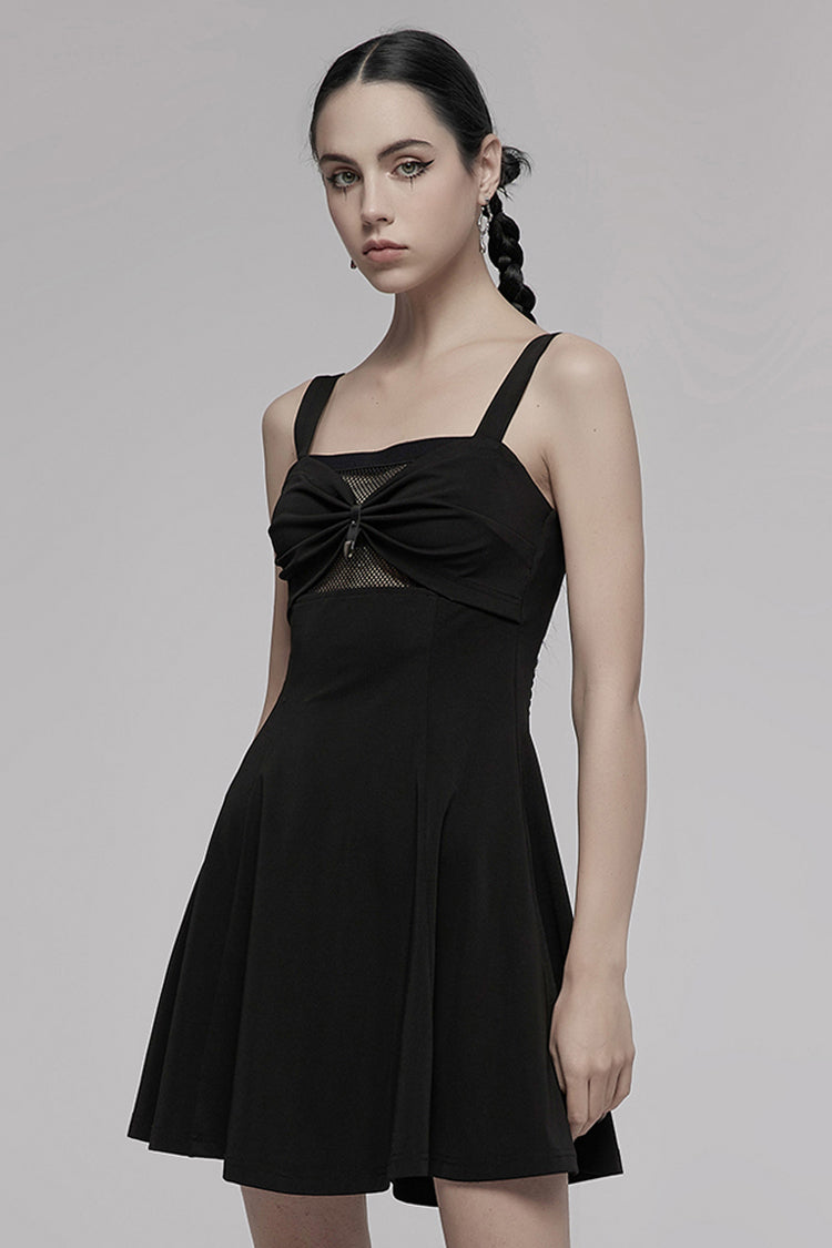 Suspender Hollow Mesh Metal PU Buckle Bow Sleeveless Punk Dress