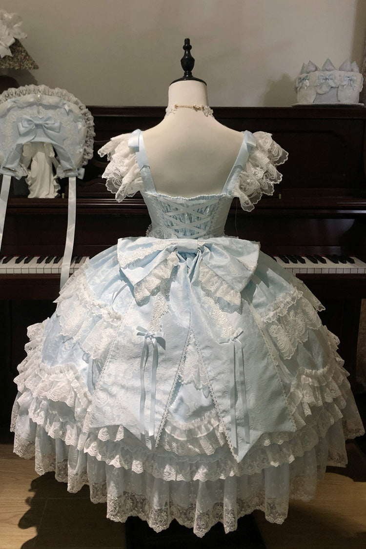 Eternal Floral Message Square Collar Sleeveless Multi-Layered Embroidered Bow Lace Sweet Lolita Jsk Dress - Blue