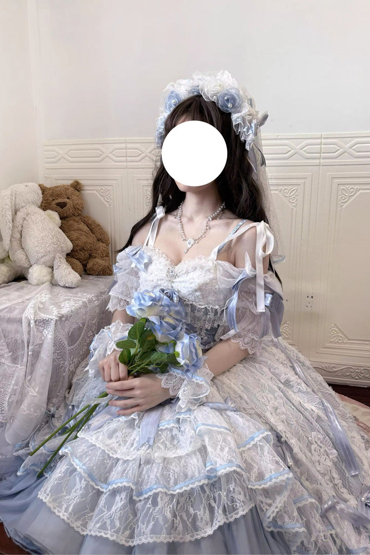 Blue Diane Rose Short Sleeve Jacquard Ruffle Cardigan Bow Lace Sweet Lolita Dress