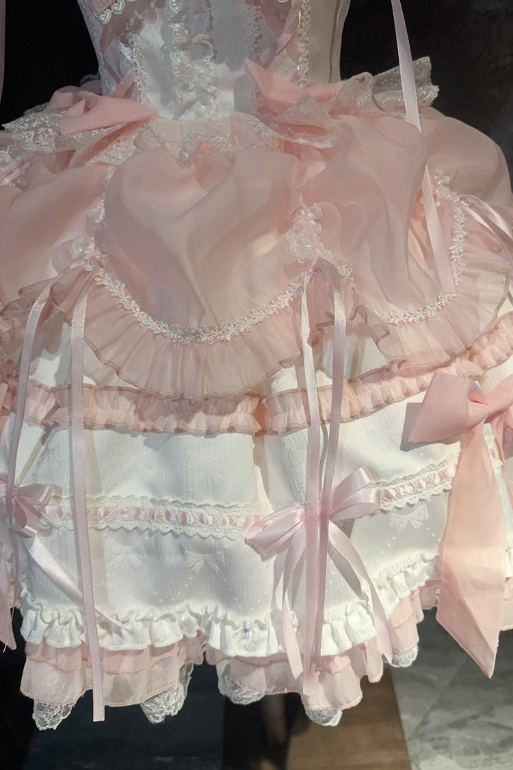 Pale Pink & White Sleeveless Triple-Layer Ruffled Bow Lace Ballet Sweet Lolita JSK