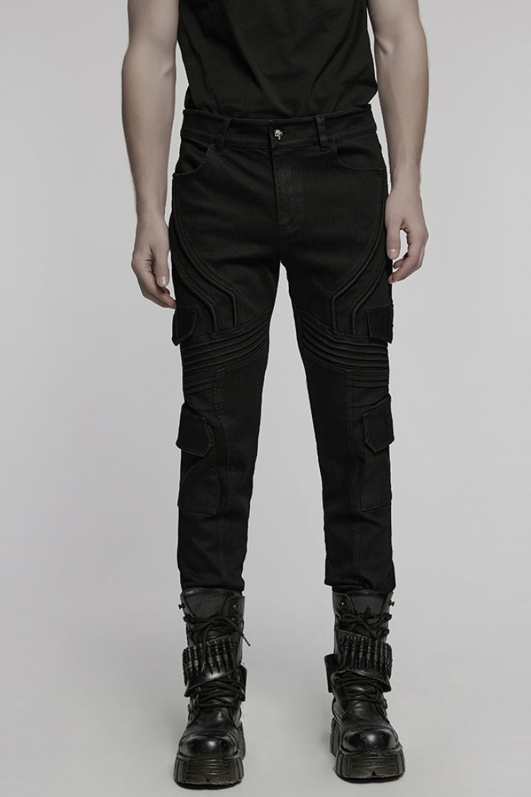 Men's Punk Denim Trousers with Multiple Pockets, Black