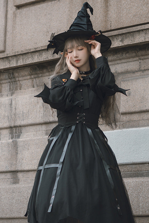 Ebony Gothic OP Dress - Lapel Collar Cat Eye Hem