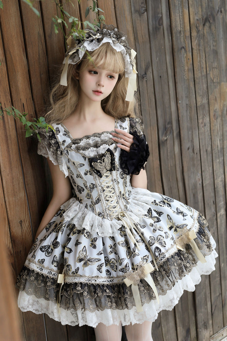 Cream Sleeveless Print Ruffle Bowknot Lace-Up Sweet Princess JSK Dress Set