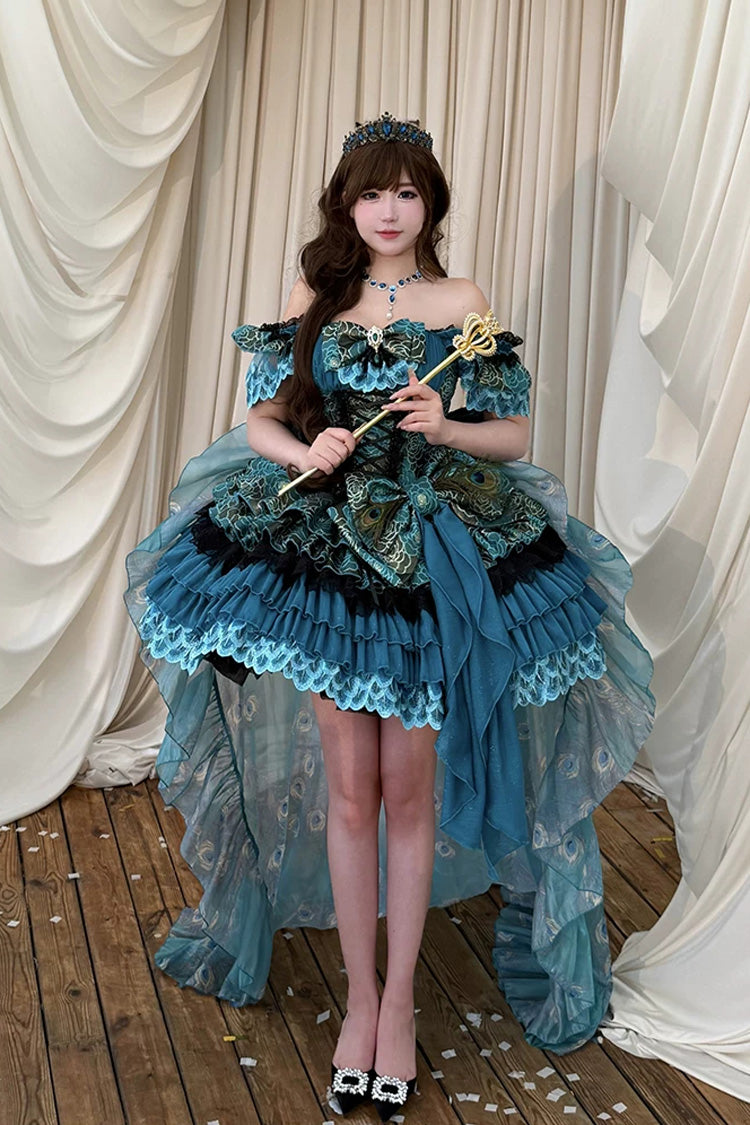 Peacock Sleeveless Ruffled Bow Lace-Up Elegant Lolita JSK - Blue/Green