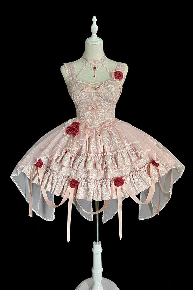 Rosy Mourning Rose Double-Tier Frill Bow Accent Lace Ballet Skirt Set
