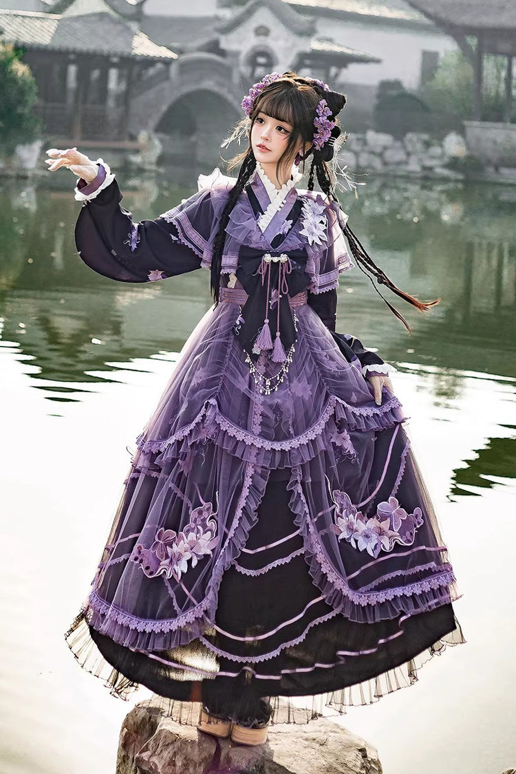 Purple Stand-Collar Embroidered Bow Elegant Chinese-Style Lolita Dress Set