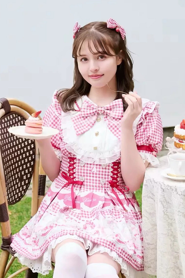 Lapel Collar Short Sleeve Printed Bow Jirai Kei Dress