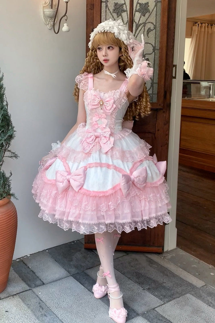 Ivory & Pink Square Collar Multi-Layer Ruffled Bow Lace Sweet Lolita JSK