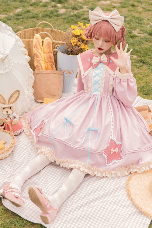 Pentagram Embroidered Lolita OP Dress - Chiffon Lantern Sleeve