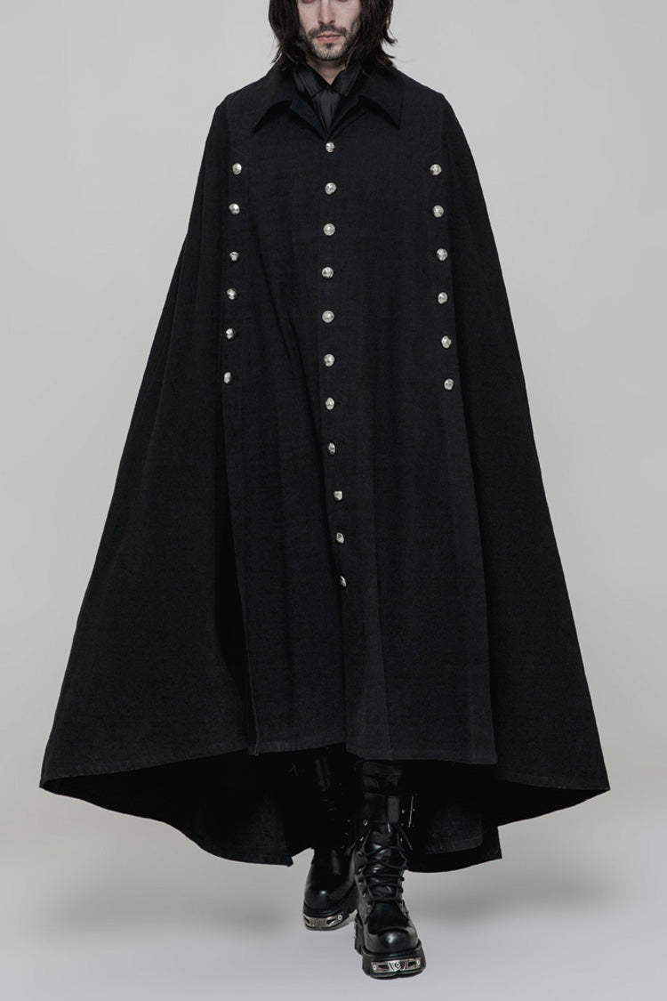 Jet-Black Woven Cloak with Metal Buttons and Asymmetric Hem for Men